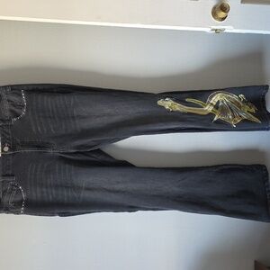 Sheryl Crow Vintage 90's Y2K Black Flare Jeans with Gold Dragon Motif